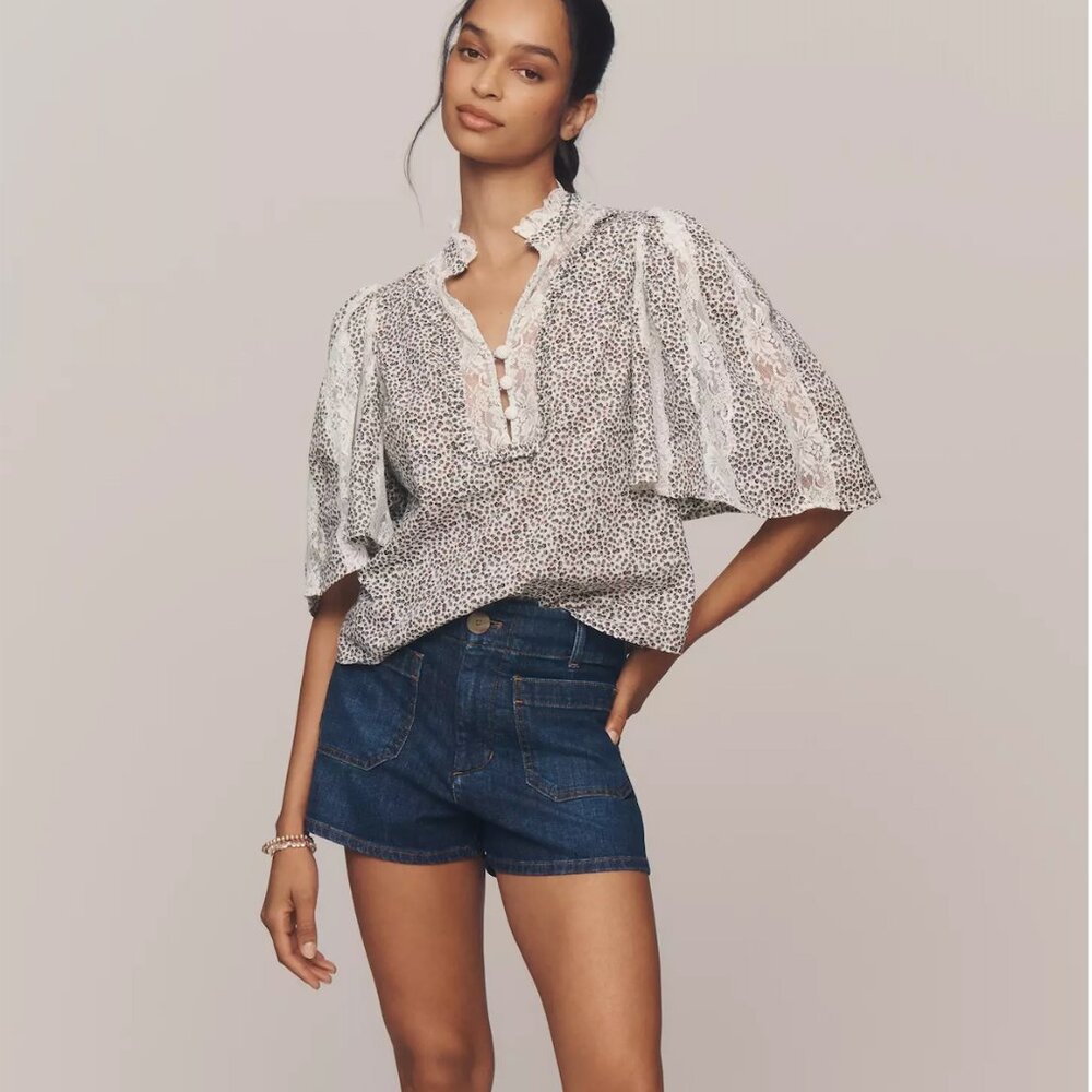 By Anthropologie Cape-Sleeve Lace-Trim Blouse